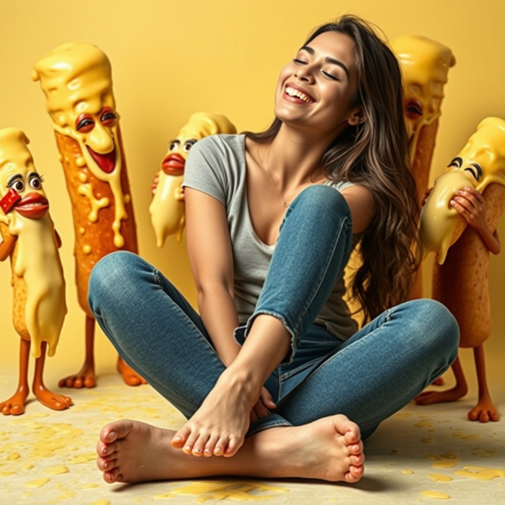 A very attractive Pakistani woman in her late teens, sitting criss-cross with a cheerful expression, her eyes closed in joy