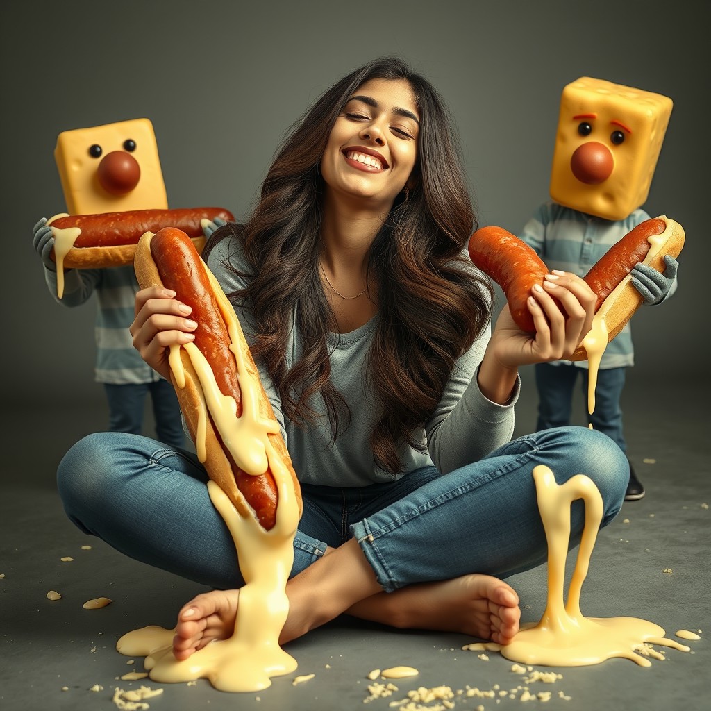 A very attractive Pakistani young woman sitting criss-cross on the ground, smiling with her eyes closed