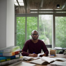 A young professional copywriter, equipped with a laptop and surrounded by notes and reference books in a peaceful office environment