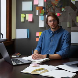 A young professional copywriter, equipped with a laptop and surrounded by notes and reference books in a peaceful office environment