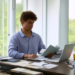 A young professional copywriter, equipped with a laptop and surrounded by notes and reference books in a peaceful office environment