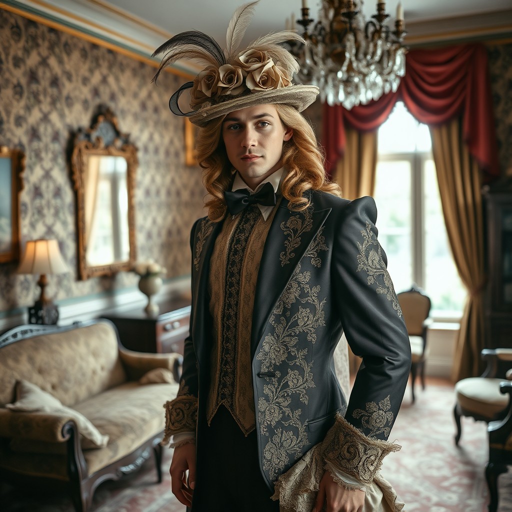 A Victorian era male crossdresser elegantly dressed in a lavish gown with intricate lace details, adorned with decorative floral patterns