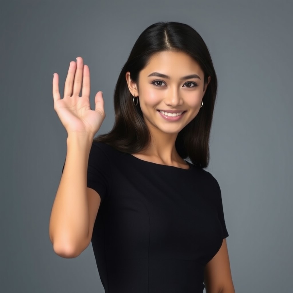 An elegant young female model stands slightly forward with her body angled toward the camera