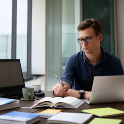 A young professional copywriter, equipped with a laptop and surrounded by notes and reference books in a peaceful office environment