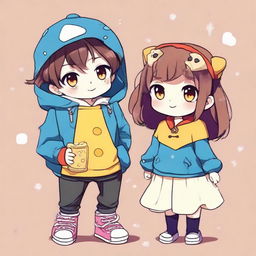 Draw a cool boy and a cute girl in anime style. They should be wearing quirky, custom-made attire made of visual motifs of cheese.