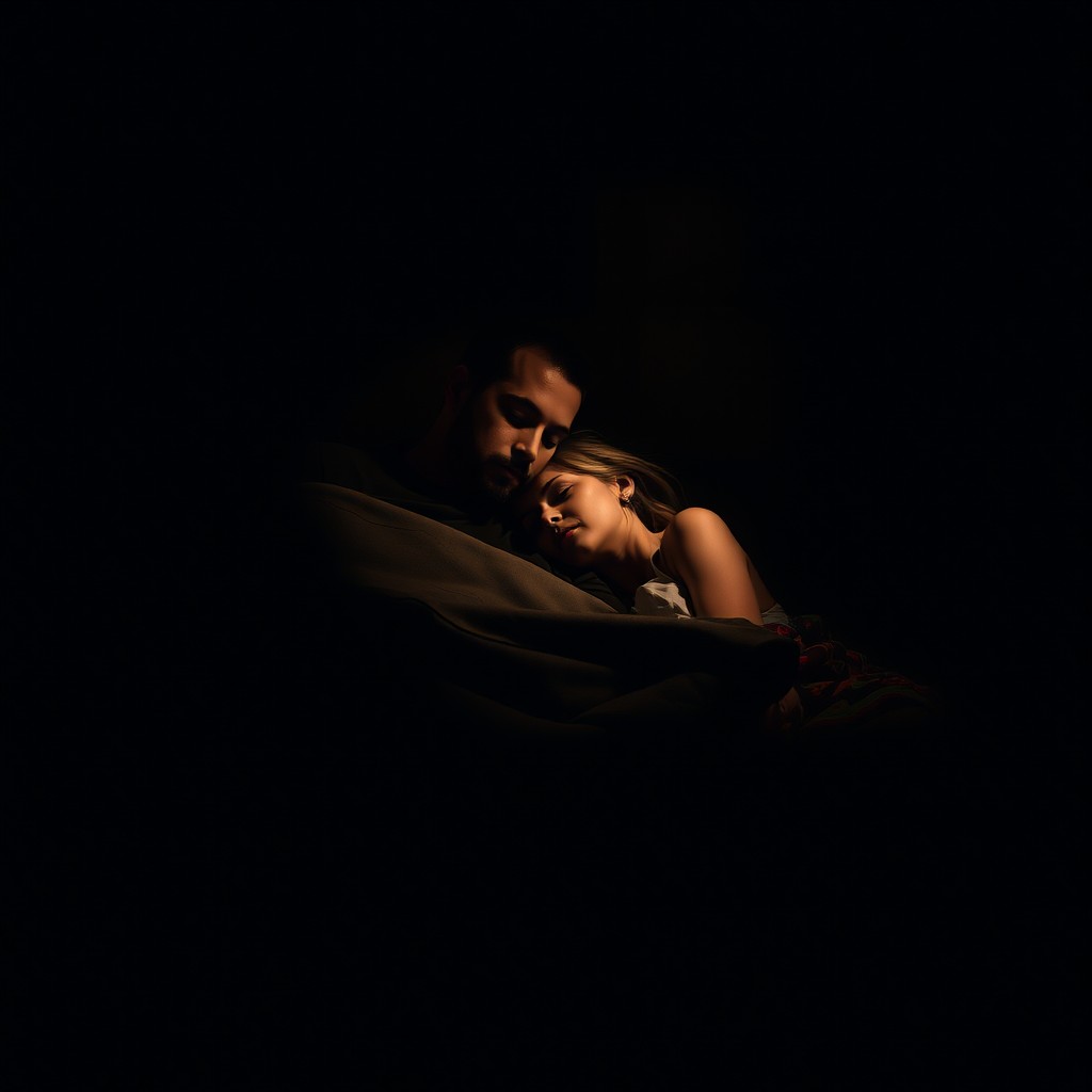 A peaceful scene of a man and woman sleeping in a dark bedroom