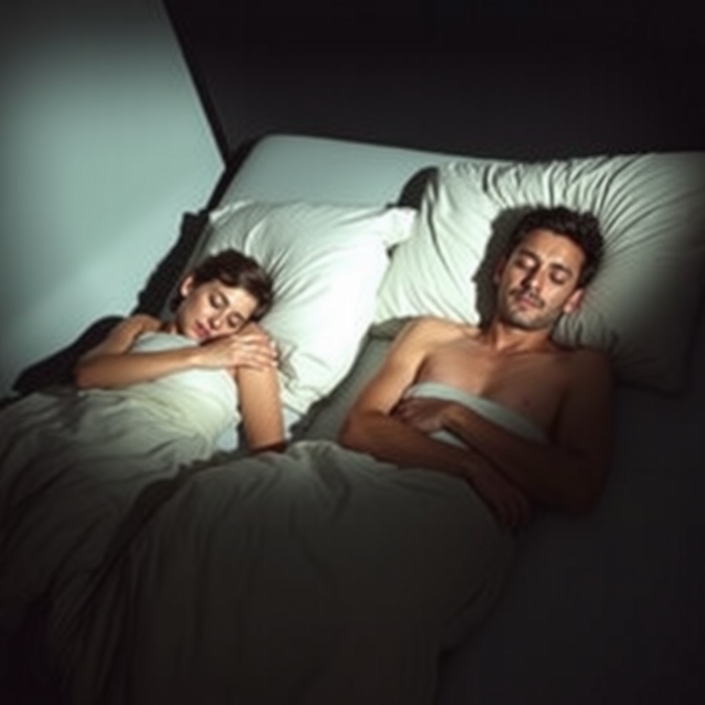 A serene scene of a man and woman sleeping peacefully in a dark bedroom, with no blanket covering them