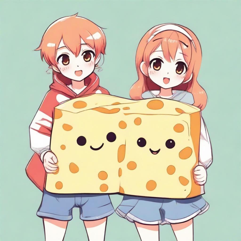 Draw a cool boy and a cute girl in anime style. They should be wearing quirky, custom-made attire made of visual motifs of cheese.