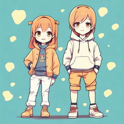 Draw a cool boy and a cute girl in anime style. They should be wearing quirky, custom-made attire made of visual motifs of cheese.