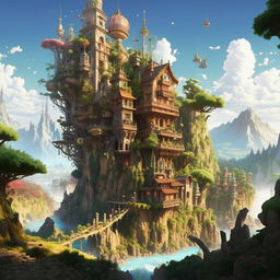 Create a vibrant and detailed image of an anime-styled world, filled with picturesque landscapes, towering buildings and fantastical elements.