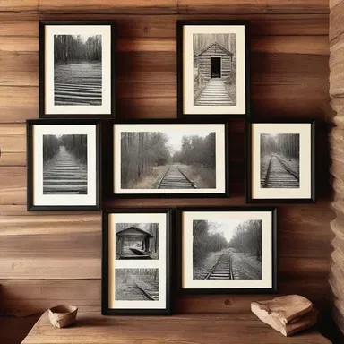 The rustic cabin was decorated with framed photographs of cart tracks, giving it a unique architectural touch.