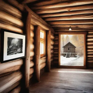 The rustic cabin was decorated with framed photographs of cart tracks, giving it a unique architectural touch.
