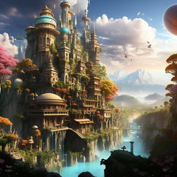 Create a vibrant and detailed image of an anime-styled world, filled with picturesque landscapes, towering buildings and fantastical elements.