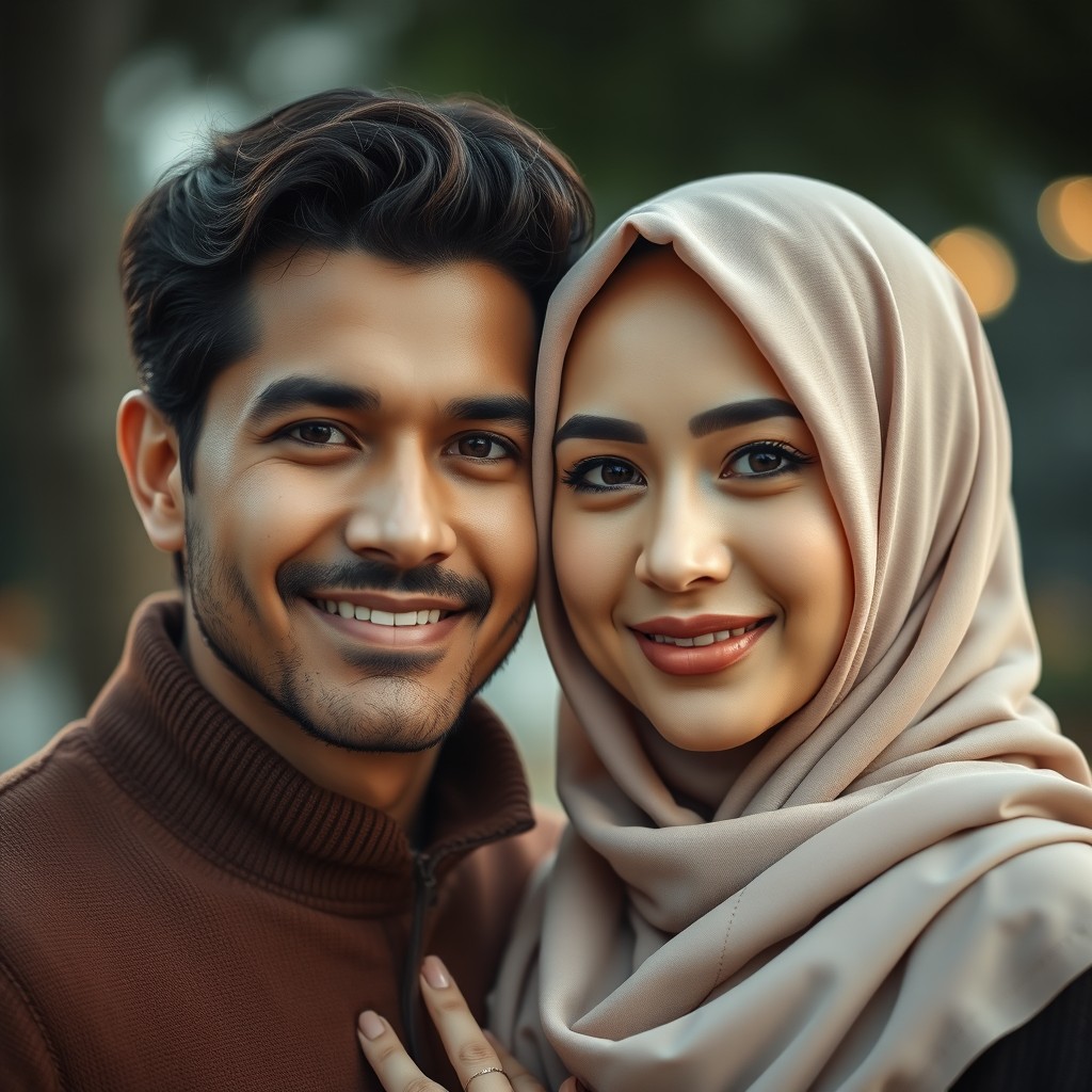 A handsome couple standing close together, with the man having an attractive appearance and the woman wearing a beautiful hijab