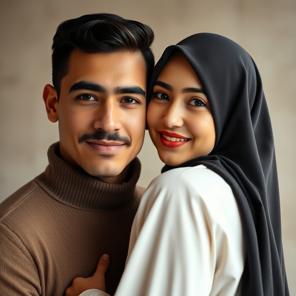 A handsome young couple standing close together, the man without a mustache and the woman wearing a hijab