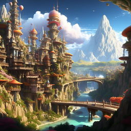 Create a vibrant and detailed image of an anime-styled world, filled with picturesque landscapes, towering buildings and fantastical elements.