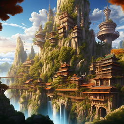 Create a vibrant and detailed image of an anime-styled world, filled with picturesque landscapes, towering buildings and fantastical elements.