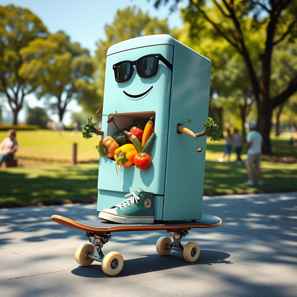 A refrigerator riding a skateboard, wearing sneakers and sunglasses, with colorful vegetables amusingly escaping from inside it