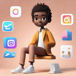 A 3D illustration of a boy in formal clothing (coat, shirt, chinos, sneakers) casually sitting on the Instagram logo. The backdrop is a social media profile named 'Manikandan' with a matching profile picture.