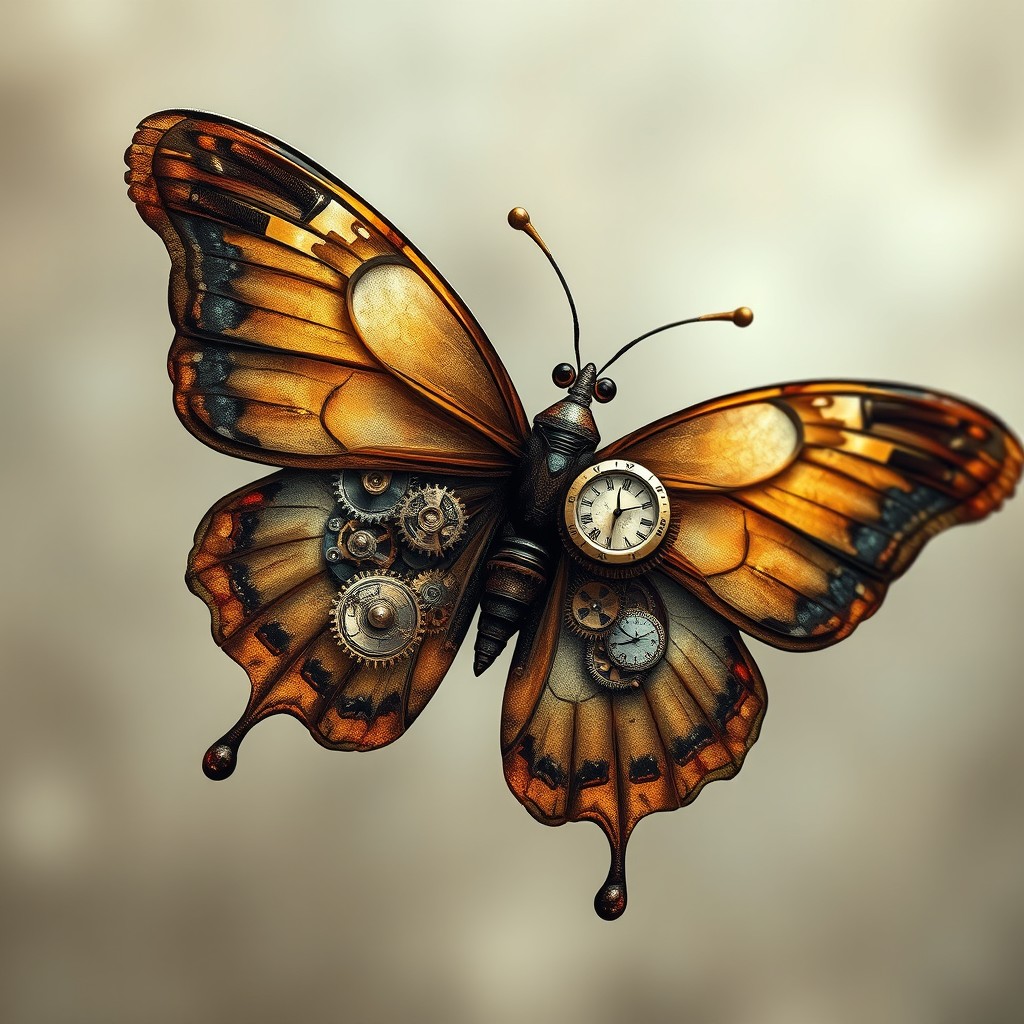 A stunning steampunk butterfly with transparent wings revealing intricate gears, circuits, and small clocks hidden within its body
