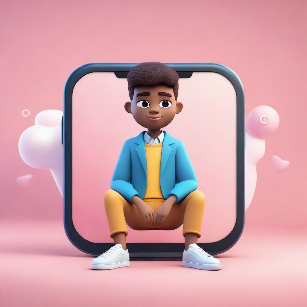 A 3D illustration of a boy in formal clothing (coat, shirt, chinos, sneakers) casually sitting on the Instagram logo. The backdrop is a social media profile named 'Manikandan' with a matching profile picture.