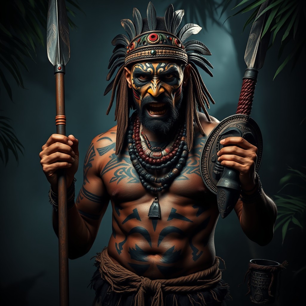 A dramatic and unsettling portrait of a fierce tribal warrior, embodying the theme of cannibalism