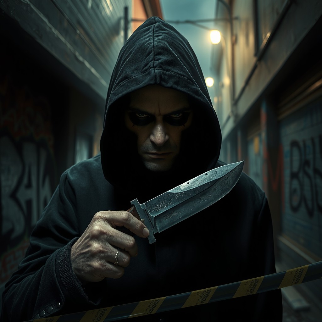 A chilling and suspenseful scene depicting a mysterious serial killer in a shadowy urban environment