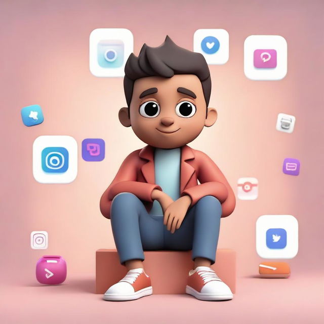 A 3D illustration of a boy in formal clothing (coat, shirt, chinos, sneakers) casually sitting on the Instagram logo. The backdrop is a social media profile named 'Manikandan' with a matching profile picture.