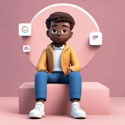 A 3D illustration of a boy in formal clothing (coat, shirt, chinos, sneakers) casually sitting on the Instagram logo. The backdrop is a social media profile named 'Manikandan' with a matching profile picture.