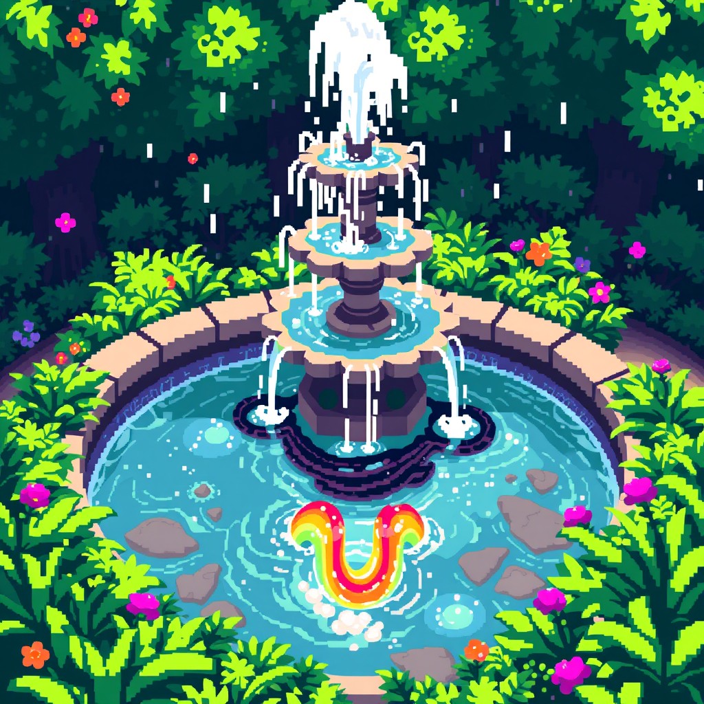 A pixel art fountain viewed from slightly above, capturing a whimsical and colorful scene