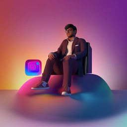 A 3D illustration of a boy in formal attire (coat, shirt, chinos, sneakers) sitting at ease on an Instagram logo. The background is a social media profile page under the username 'SAIKRISH', complete with a harmonizing profile picture.