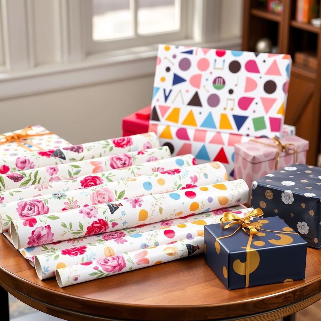 A beautiful collection of wrapping paper designs, showcasing various patterns and colors