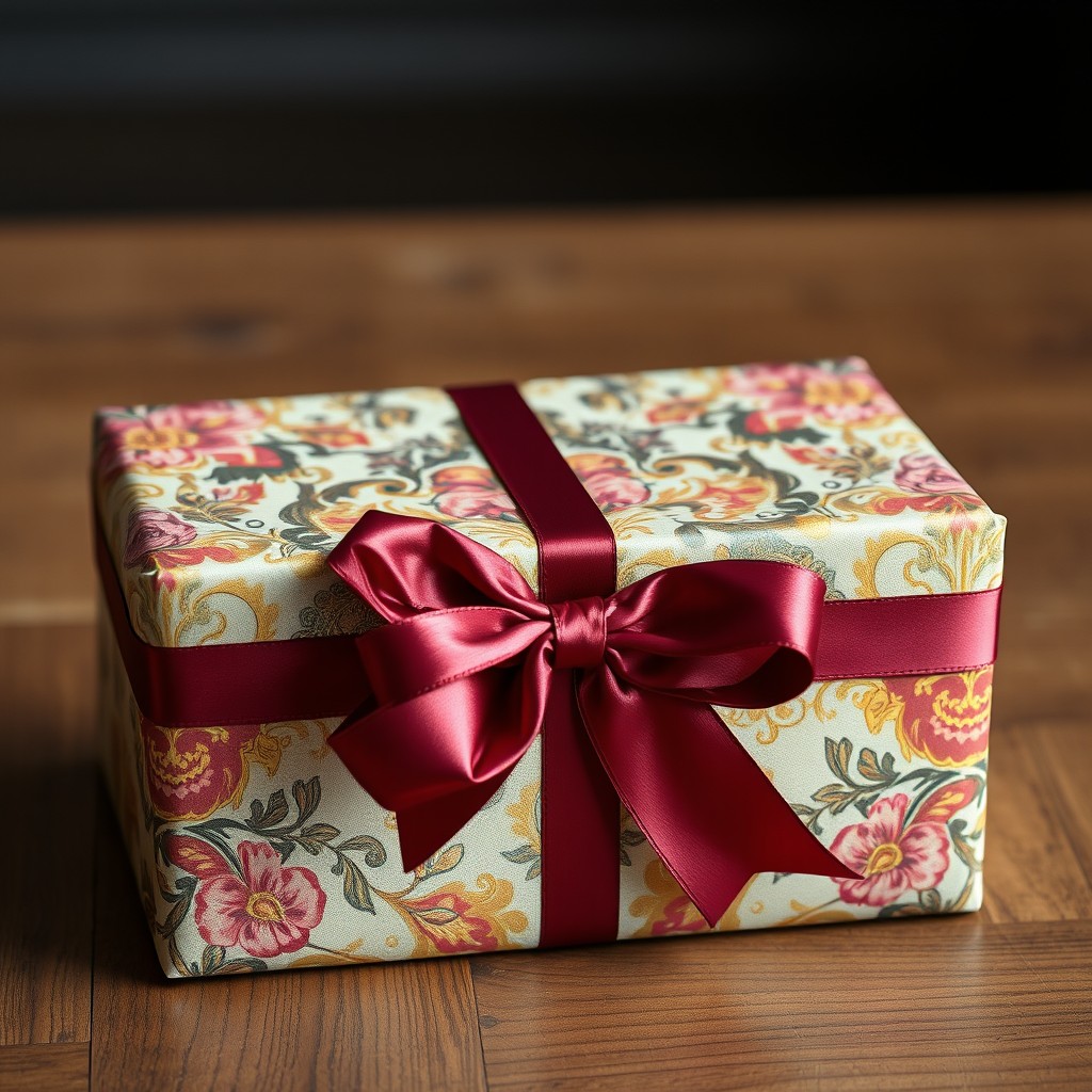 An elegant gift wrapper decorated with ornate patterns and vibrant colors
