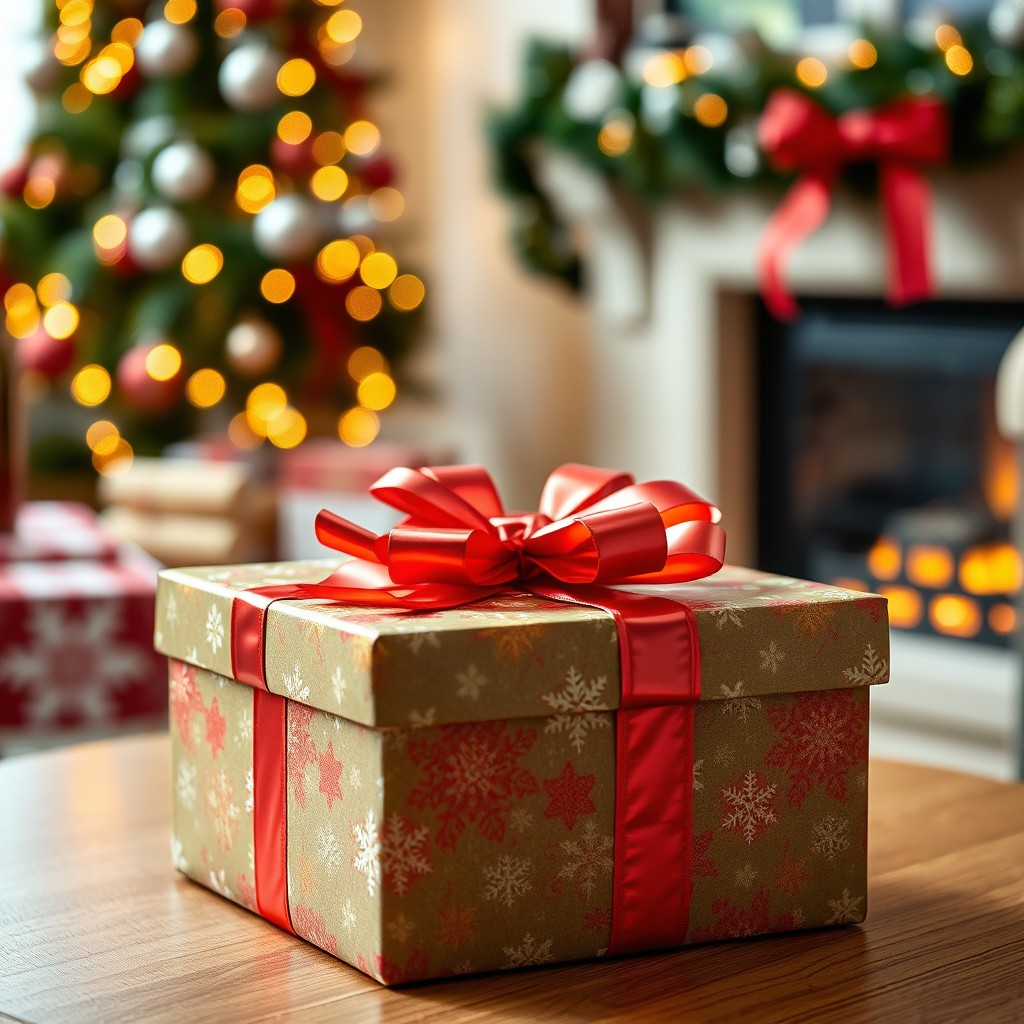 A beautifully wrapped gift box with colorful paper, featuring a shiny red ribbon tied in a perfect bow on top