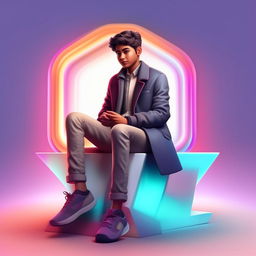 A 3D illustration of a boy in formal attire (coat, shirt, chinos, sneakers) sitting at ease on an Instagram logo. The background is a social media profile page under the username 'SAIKRISH', complete with a harmonizing profile picture.