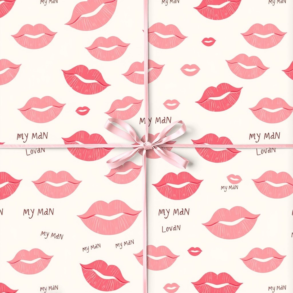 A romantic wrapping paper design featuring a whimsical and appealing arrangement of multiple closed lips in soft shades of pink and red