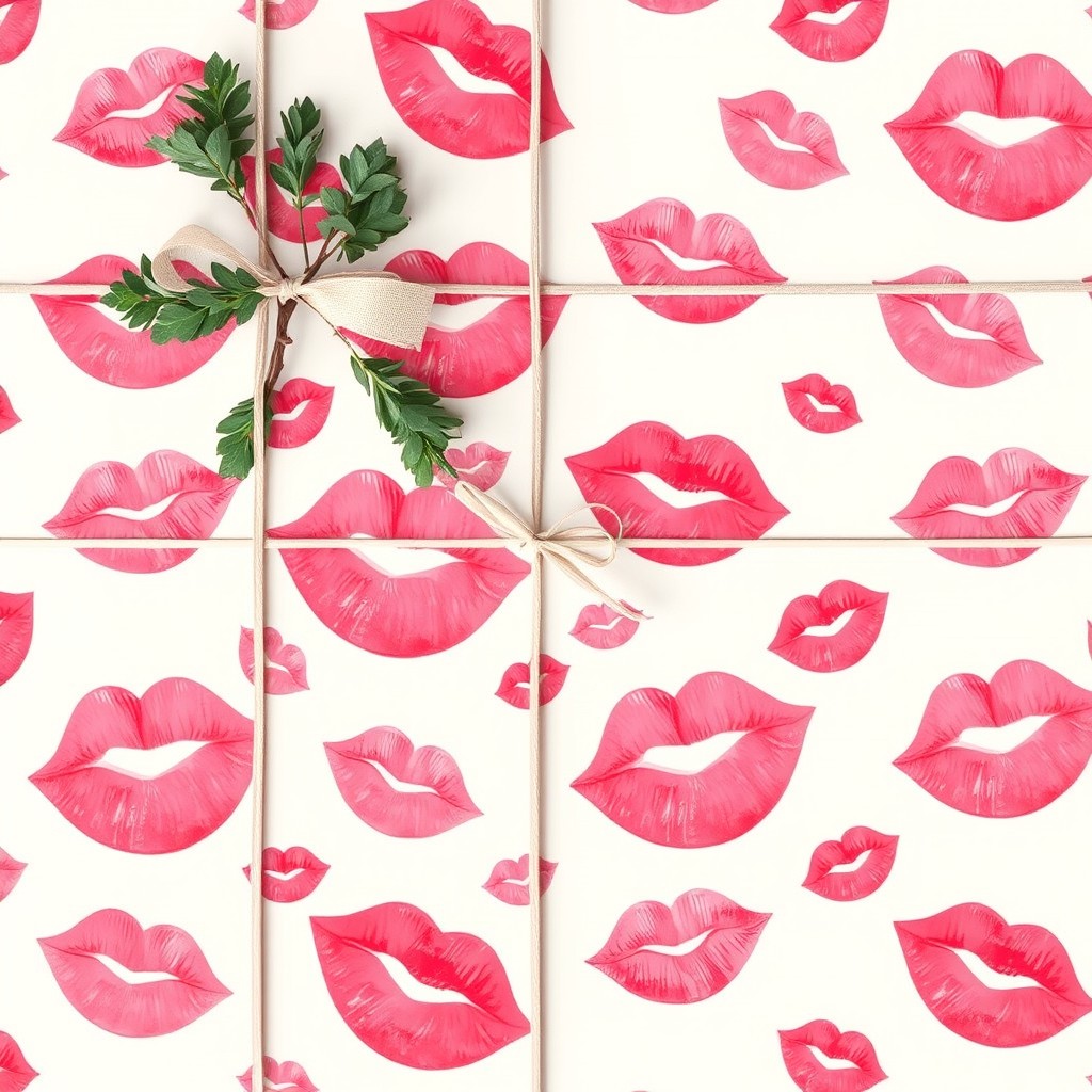 A romantic wrapping paper design featuring a delightful pattern of multiple closed lips in soft, inviting shades of pink and red