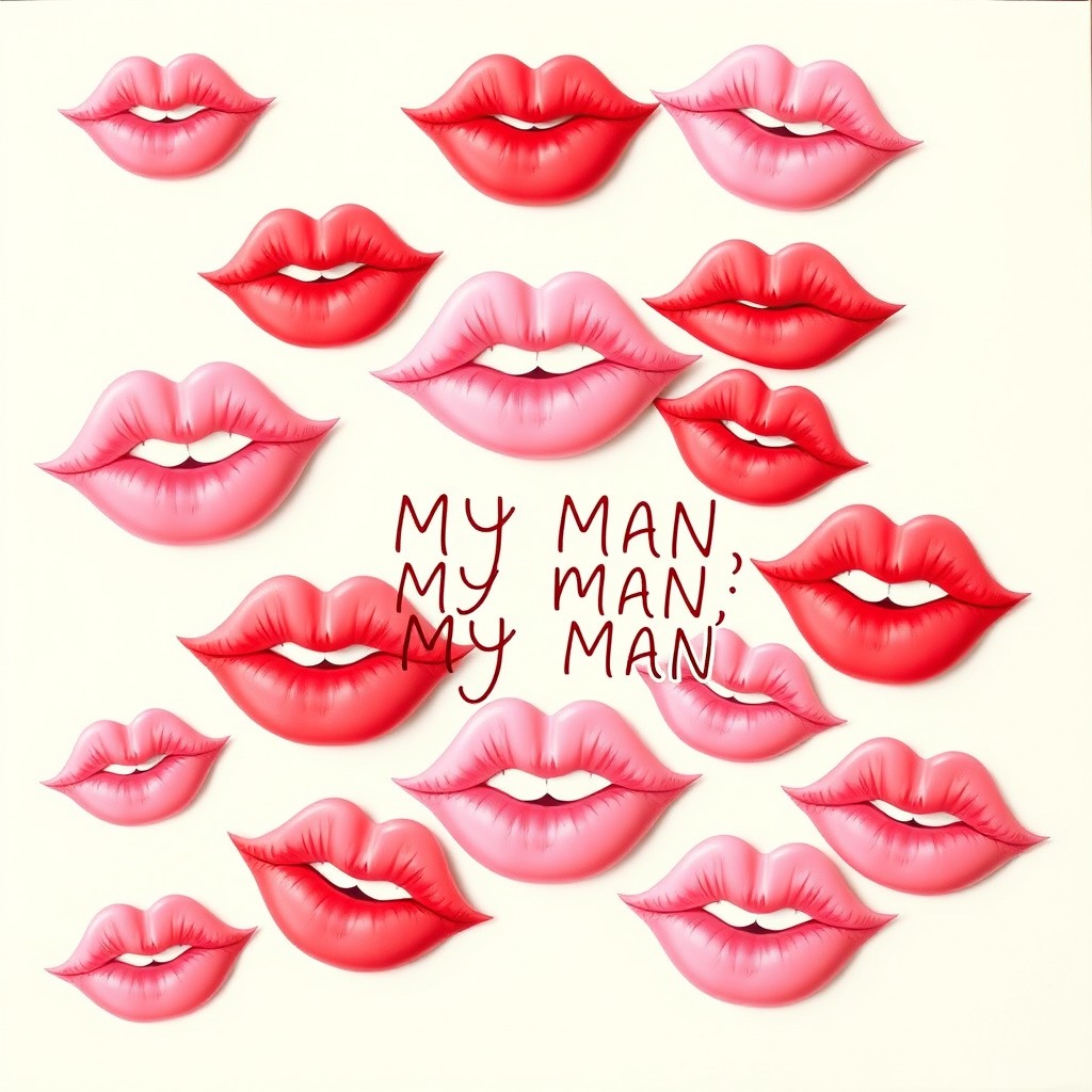 A romantic composition featuring multiple closed lips in soft shades of pink and red, arranged in a visually captivating pattern