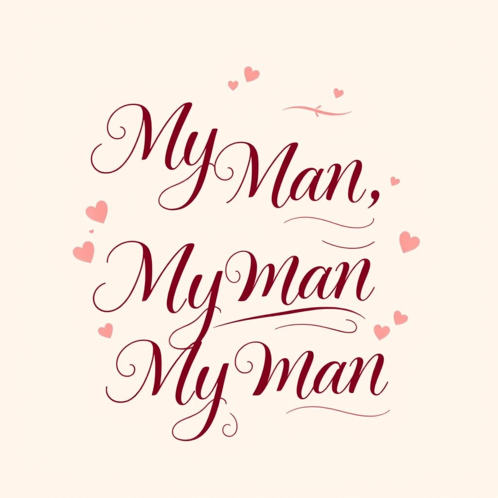 A stylish and romantic artwork featuring the phrase "MY MAN, MY MAN, MY MAN" prominently displayed in an elegant, flowing script