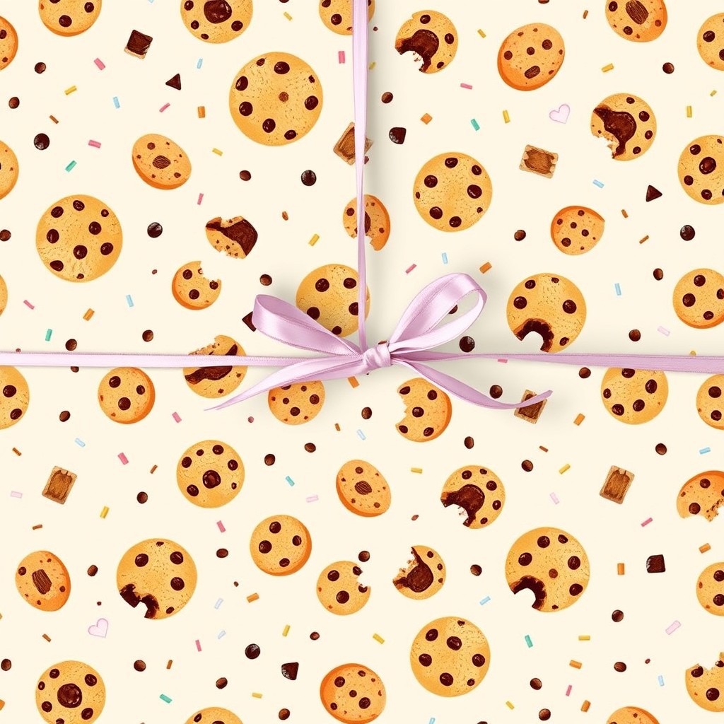 A whimsical wrapping paper design inspired by crumble cookies, featuring a playful pattern of various crumble cookie shapes and textures