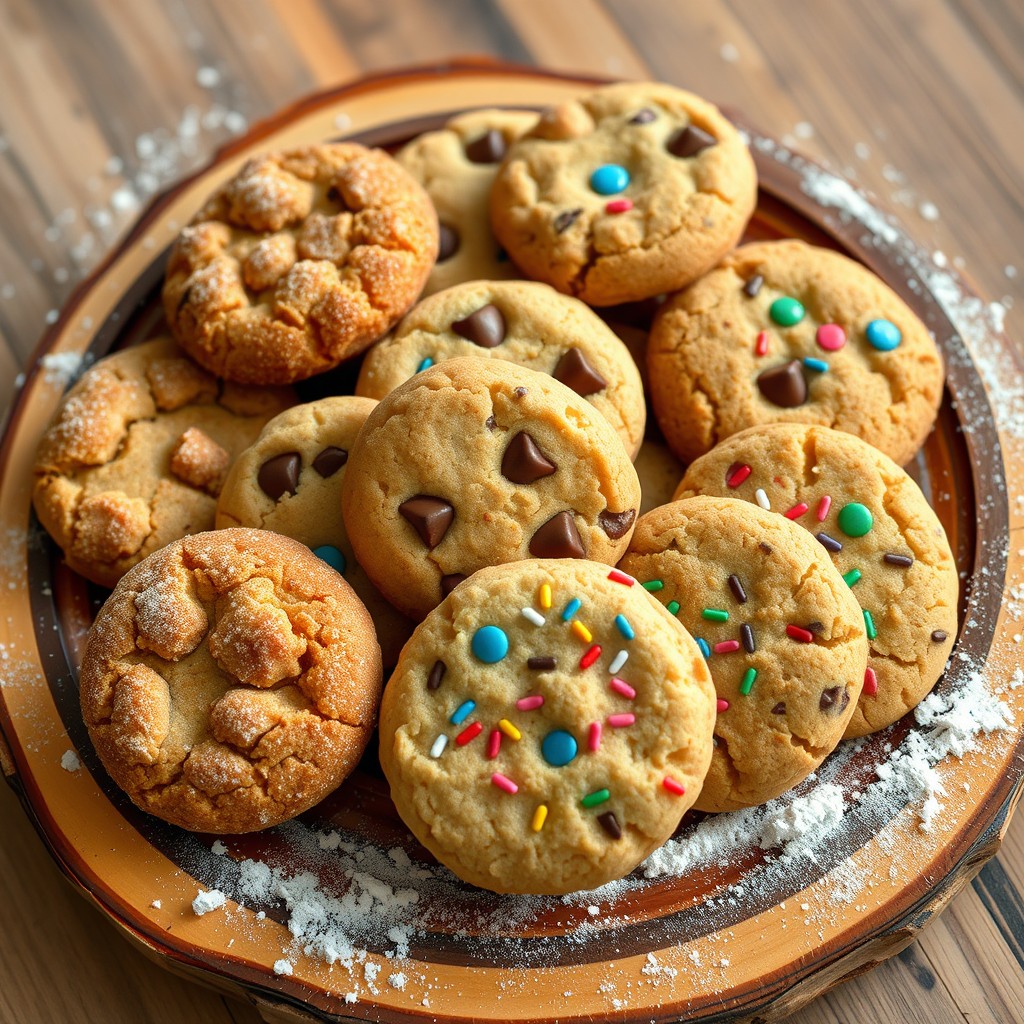 A delicious assortment of different types of cookies displayed on a beautiful, rustic wooden platter