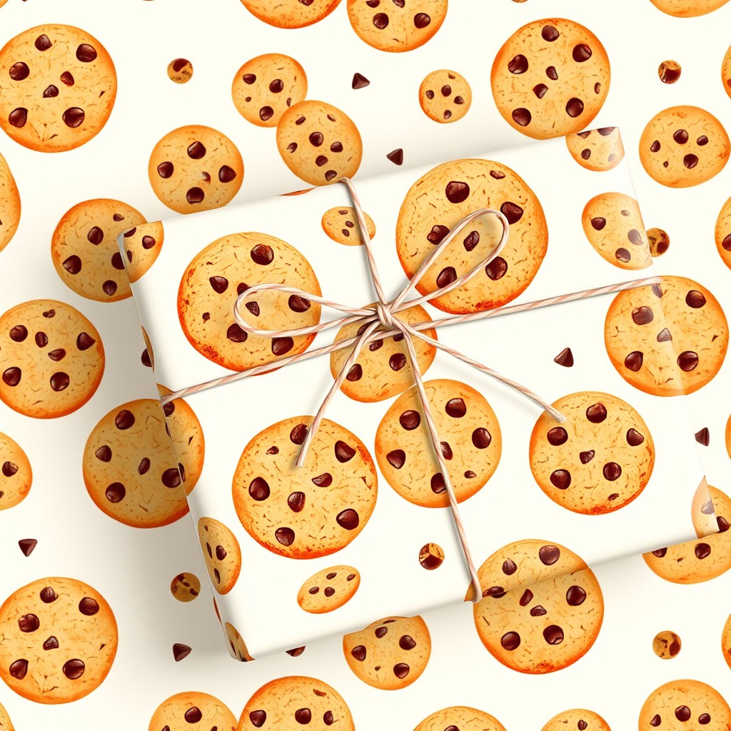 A charming wrapping paper design featuring a delightful array of different types of cookies, including snickerdoodle and chocolate chip