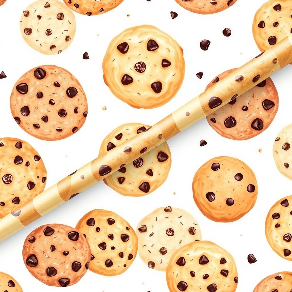A beautifully designed wrapping paper featuring an array of different types of cookies, including snickerdoodle, chocolate chip, oatmeal raisin, and peanut butter cookies