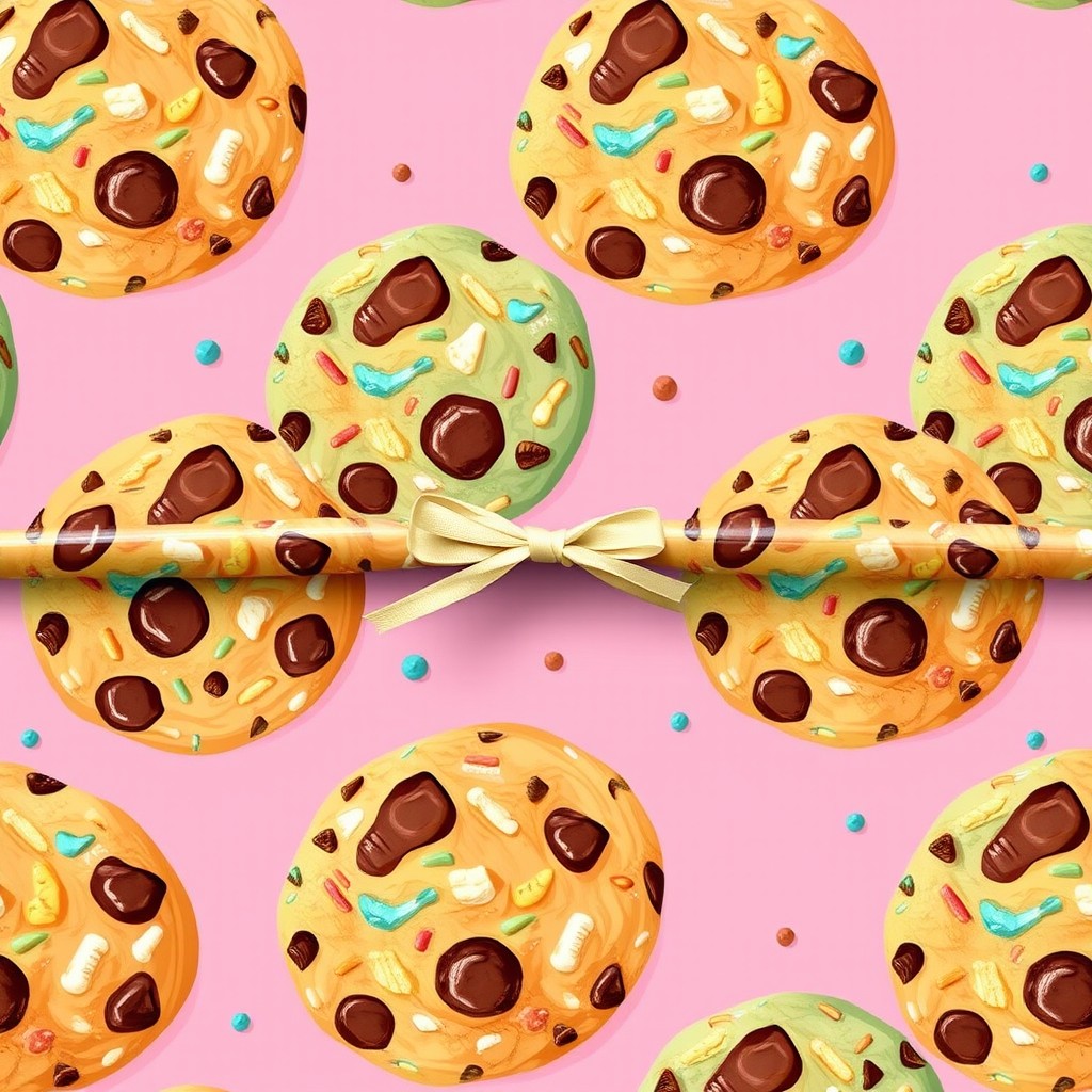 A vibrant and playful wrapping paper design featuring colorful crumble cookies against a soft pink background