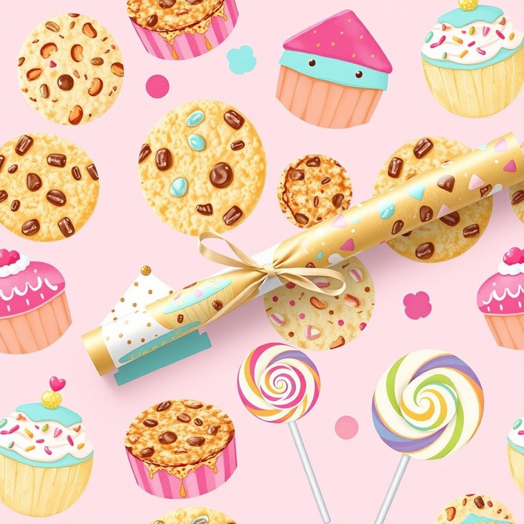 A delightful and whimsical wrapping paper design featuring an assortment of colorful crumble cookies, vibrant cakes, and lollipops set against a soft pink background