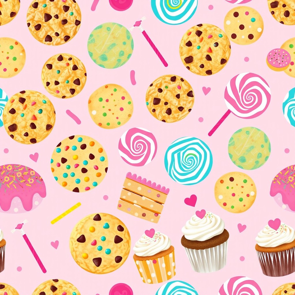 A lively and whimsical wrapping paper design featuring an assortment of colorful crumble cookies, vibrant cakes, lollipops, and delightful cupcakes against a soft pink background