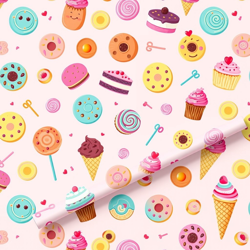 A lively and whimsical wrapping paper design featuring an assortment of colorful cookies, vibrant cakes, lollipops, cupcakes, and ice cream against a soft pink background