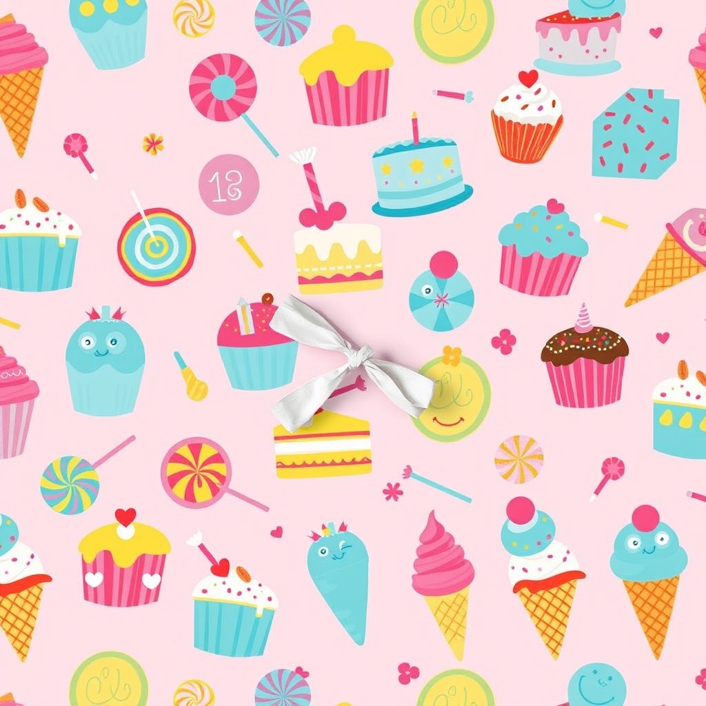 A vibrant and whimsical wrapping paper design featuring an array of colorful cakes, lollipops, cupcakes, and ice cream against a soft pink background