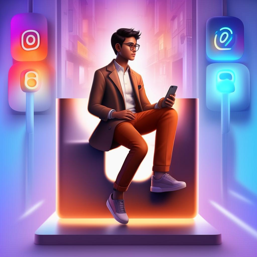 A 3D illustration of a boy in formal attire (coat, shirt, chinos, sneakers) sitting at ease on an Instagram logo. The background is a social media profile page under the username 'SAIKRISH', complete with a harmonizing profile picture.