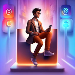 A 3D illustration of a boy in formal attire (coat, shirt, chinos, sneakers) sitting at ease on an Instagram logo. The background is a social media profile page under the username 'SAIKRISH', complete with a harmonizing profile picture.